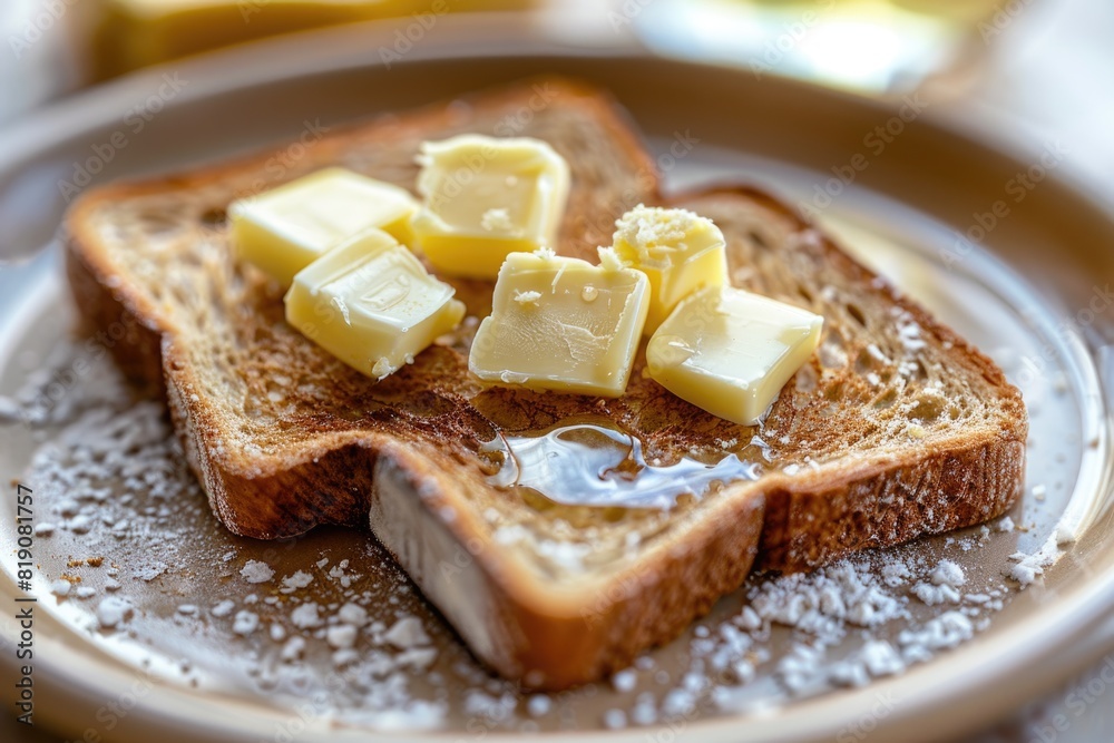 A delicious piece of bread topped with butter and syrup, perfect for breakfast menus