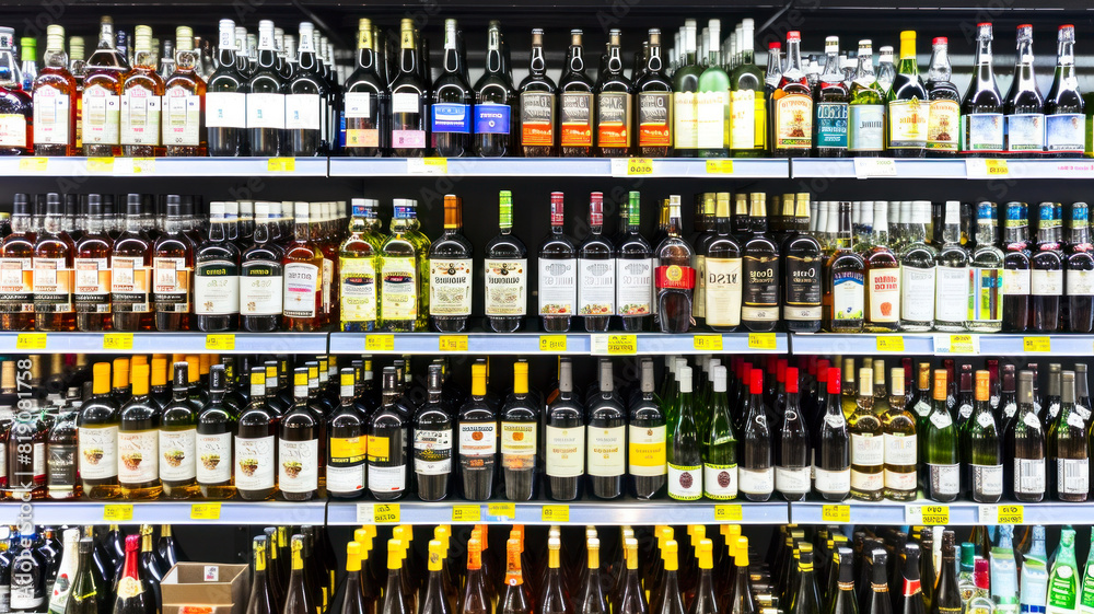 Shelf with numerous wine bottles in a supermarket, front view