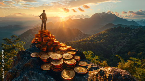 Man standing on pile of golden coins, on top of a mountain, dreams of being rich photo