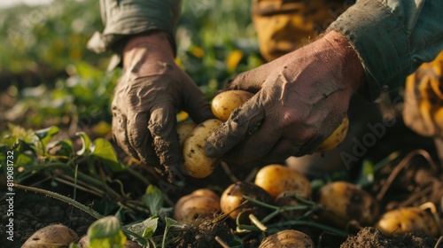Farmer hands picking up potatoes