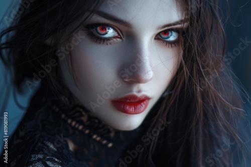 Close up of a woman with striking red eyes  perfect for spooky or Halloween-themed projects
