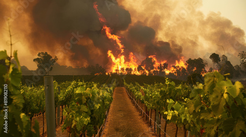 Vineyard and forest fire - grape harvest is in danger