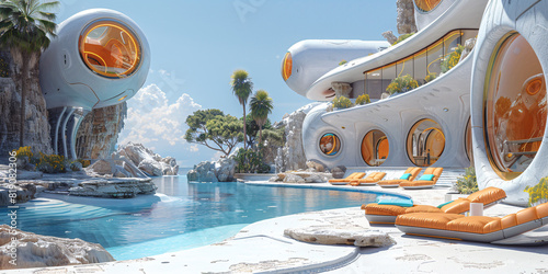 Flat illustration of a futuristic beach resort with hovering sunbeds