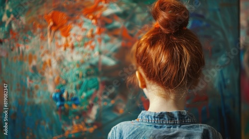 A woman with red hair standing in front of a painting. Ideal for art enthusiasts and interior designers photo