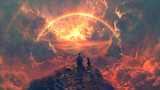 Man with dog sitting on a rock, looking at rainbow
