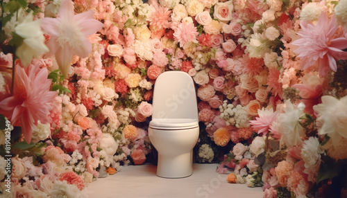 A toilet is surrounded by a wall of flowers