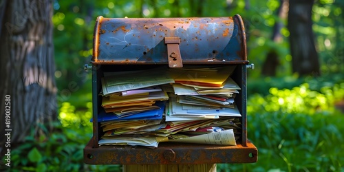 Neglected rural mailbox filled with letters, bills, and unsolicited mail. Concept Rural Mailbox, Neglect, Letters, Bills, Unsolicited Mail photo