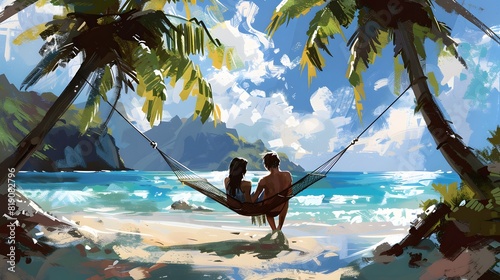 Couple relaxing on a hammock between palm trees, overlooking a tropical beach