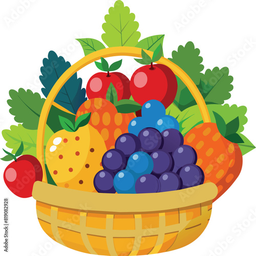 Basket with fruits illustration isolated on white background. Realistic Fruits basket illustration