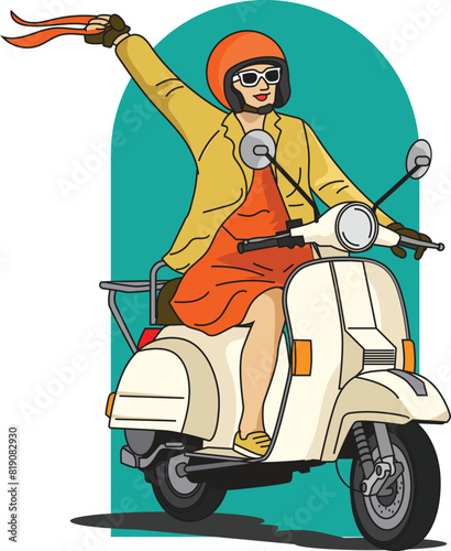 Vector Illustration ride girl scooter in summer scene in white background
