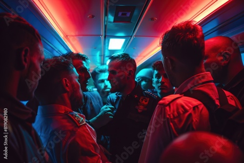 A group of men standing next to each other on a train. Suitable for transportation concepts