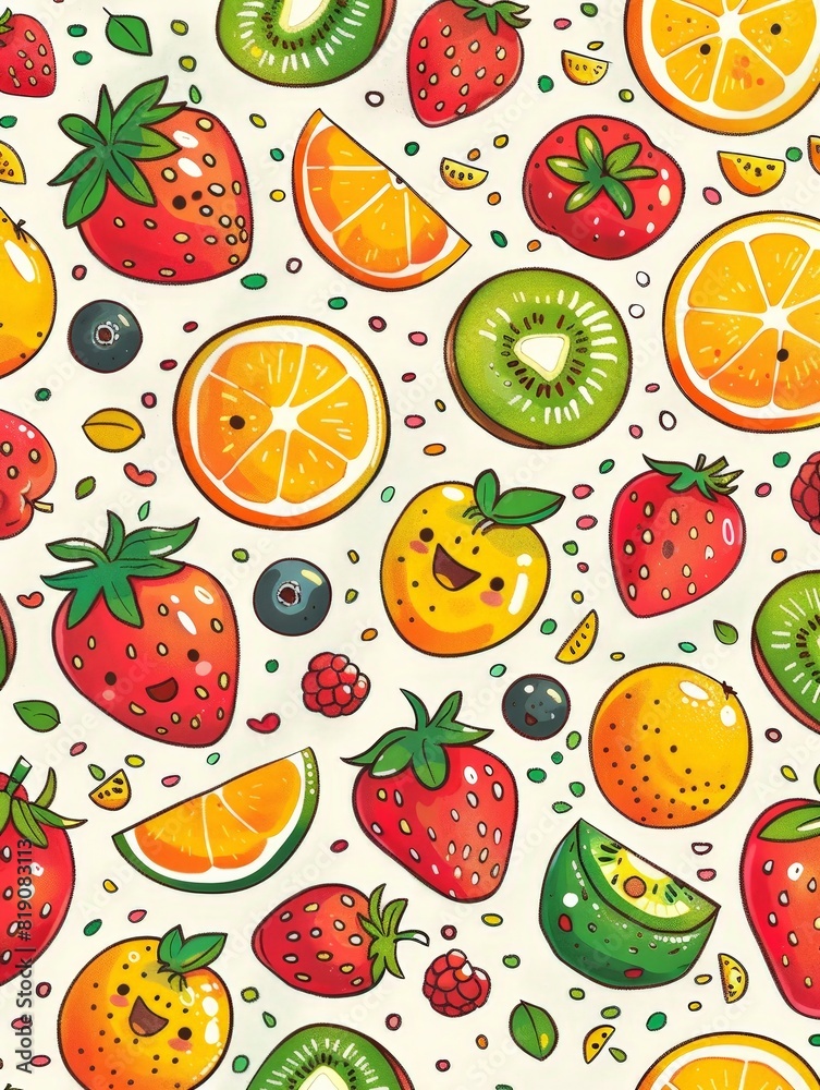 A colorful fruit pattern with a happy face on a strawberry A colorful fruit pattern with a happy face on a strawberry