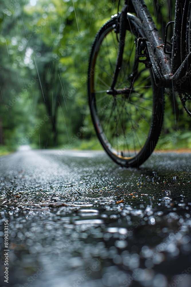 Bicycle parked on road with raindrops generated.Ai Bicycle parked on road with raindrops generated.Ai