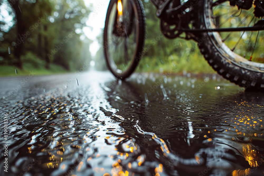 Bicycle parked on road with raindrops generated.Ai Bicycle parked on road with raindrops generated.Ai