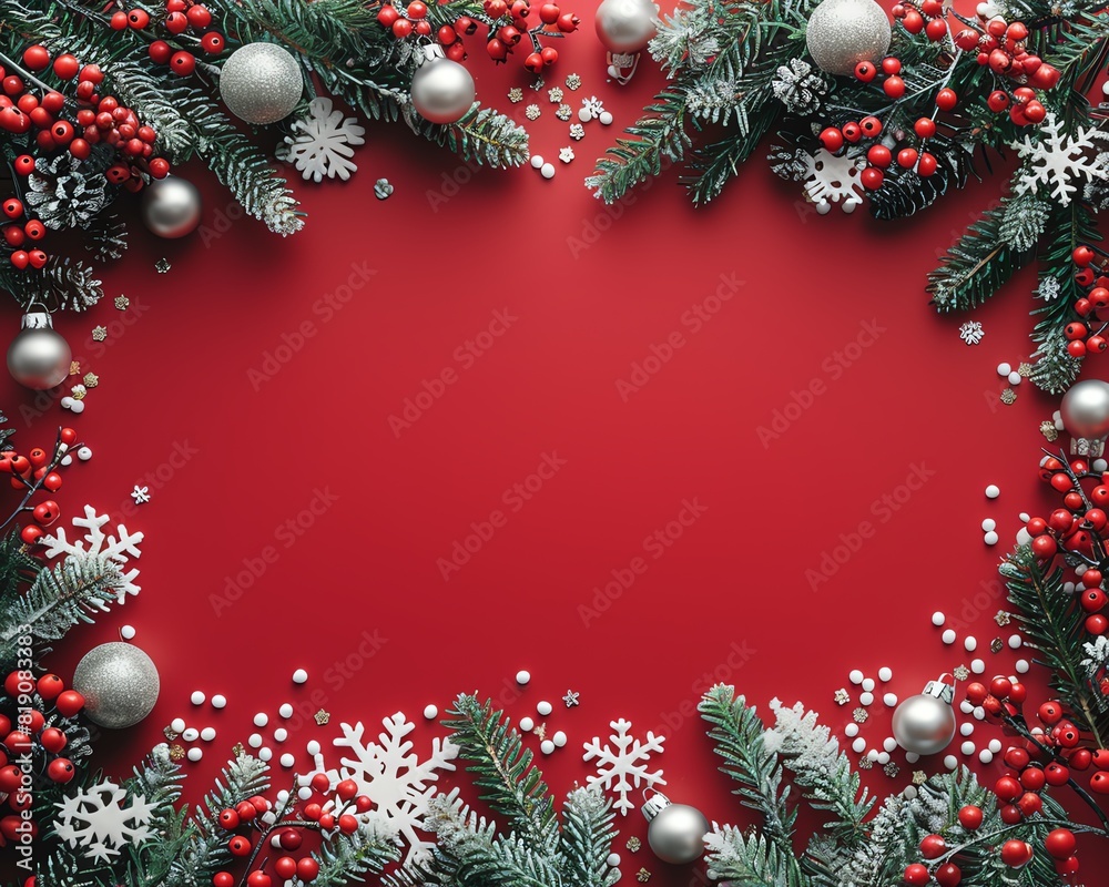 A flat lay of a stylish Christmas frame on a red background A flat lay of a stylish Christmas frame on a red background