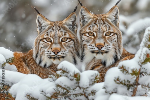 A duo of lynxes peering from behind snowcovered bushes  their intense eyes reflecting the cold wilderness