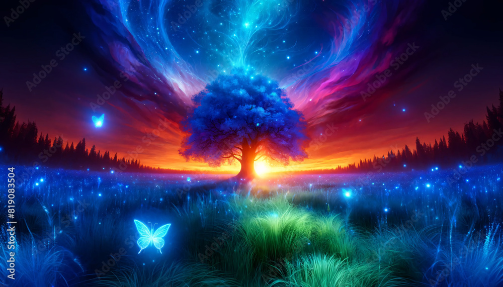 A magical, vibrant forest scene at sunset with a large, majestic tree at the center. The tree is glowing with ethereal blue light