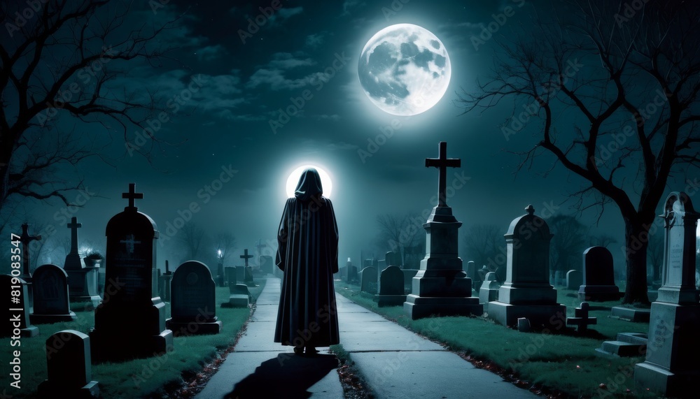 A solitary cloaked figure stands in a moonlit cemetery, creating a scene that evokes tales of the supernatural and gothic mystery.. AI Generation A solitary cloaked figure stands in a moonlit cemetery, creating a scene that evokes tales of the supernatural and gothic mystery.. AI Generation