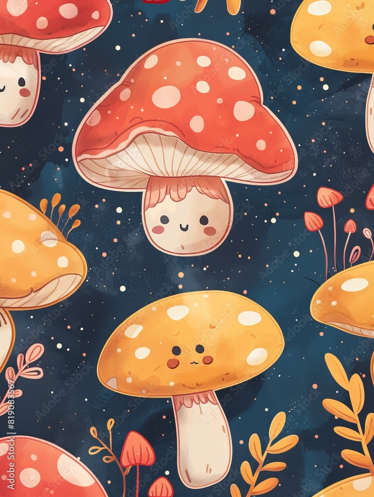 A colorful mushroom drawing with a smiling face on top A colorful mushroom drawing with a smiling face on top