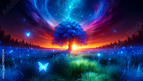 A magical, vibrant forest scene at sunset with a large, majestic tree at the center. The tree is glowing with ethereal blue light