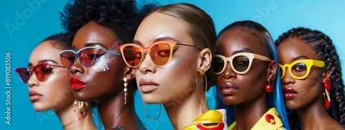 Group of Women Wearing Glasses in Front of Blue Background