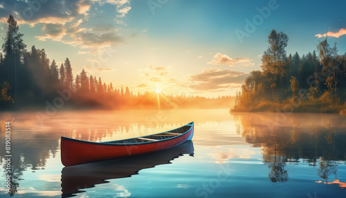 A red canoe sits in a lake at sunset © terra.incognita