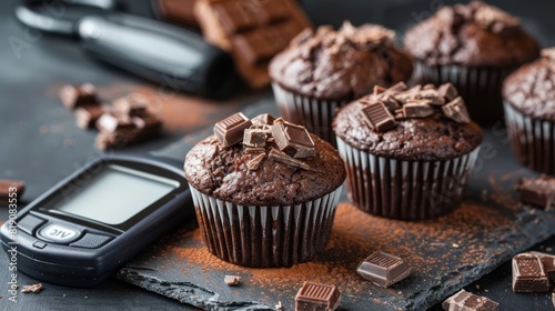 Glucometer and chocolate muffins: balancing treats with blood sugar monitoring. photo