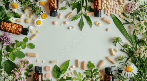 Group of Herbs and Medicine Bottles on White Background