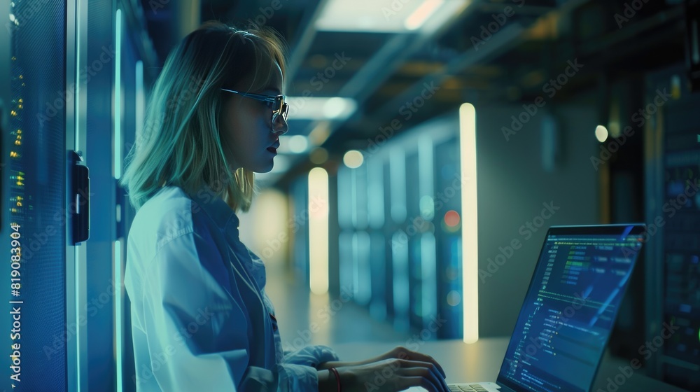 Female Senior Specialist Using Laptop for High Speed Data and Server Transfer in Big Data Center Office. Female Senior Specialist Using Laptop for High Speed Data and Server Transfer in Big Data Center Office.