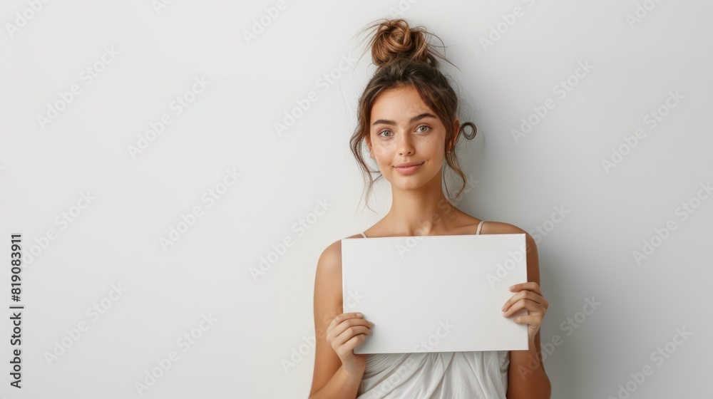 Young Girl Holding a Blank Canvas with a Smile Young Girl Holding a Blank Canvas with a Smile