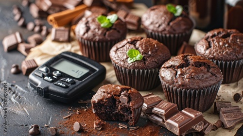 Glucometer and chocolate muffins: balancing treats with blood sugar monitoring. photo