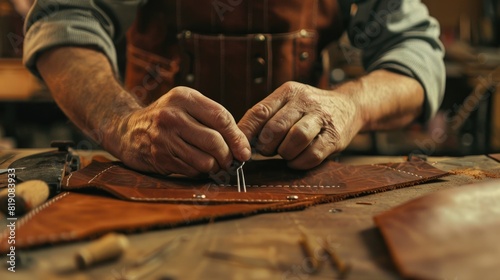 Close-up of person working on leather, suitable for craft and DIY projects