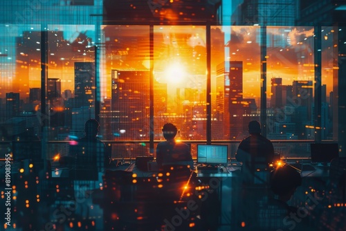 People Working in an Office With City View at Sunset