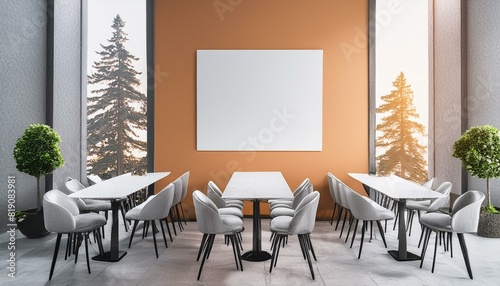 Modern cafe interior with tables, chairs and a large blank poster on an orange wall, under natural light, concept of advertising space. 3D Rendering, Ai Generate