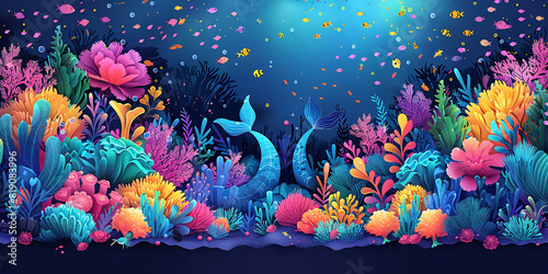 Flat illustration of an underwater beach with mermaids and vibrant coral reefs