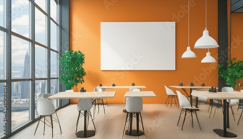 Modern cafe interior with tables, chairs and a large blank poster on an orange wall, under natural light, concept of advertising space. 3D Rendering, Ai Generate