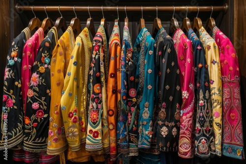 Row of Colorful Indian Dresses Hanging on Rack