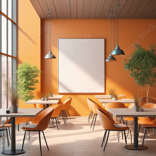 Modern cafe interior with tables, chairs and a large blank poster on an orange wall, under natural light, concept of advertising space. 3D Rendering, Ai Generate
