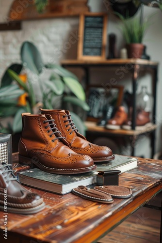 A pair of brown shoes resting on a wooden table. Perfect for fashion or lifestyle concepts