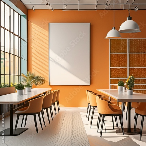 Modern cafe interior with tables, chairs and a large blank poster on an orange wall, under natural light, concept of advertising space. 3D Rendering, Ai Generate