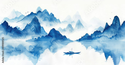 Chinese style landscape painting, distant mountains and water with white clouds floating in the sky, misty blue tones, small fishing boats on the sea