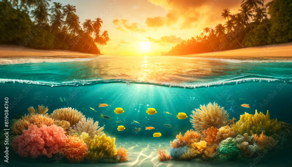 A serene underwater scene with a split view above and below the water. The underwater portion features vibrant coral reefs and several tropical fish A serene underwater scene with a split view above and below the water. The underwater portion features vibrant coral reefs and several tropical fish