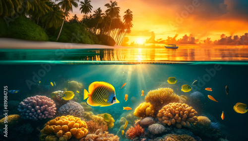 A serene underwater scene near a tropical island during sunset. The foreground shows a vibrant underwater view with clear