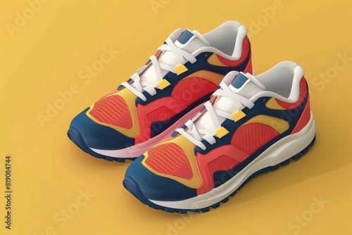 Bright pair of sneakers on a vibrant yellow backdrop, perfect for sports and fashion concepts