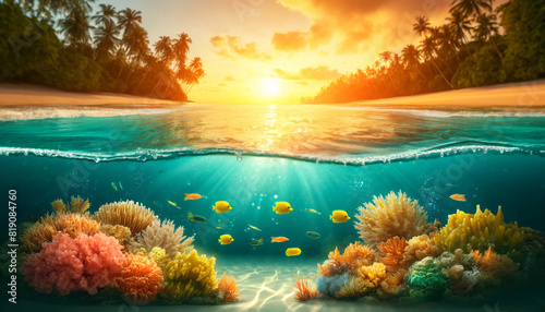 A serene underwater scene with a split view above and below the water. The underwater portion features vibrant coral reefs and several tropical fish