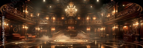 Vintage luxury palace hall background. Empty victorian luxury room with retro sofas and golden chandelier on ceiling with stairs and balconies