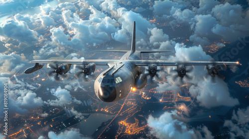 Large Military Aircraft Flying Over Clouds