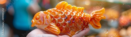 A closeup of a vibrant koi fishshaped taiyaki, filled with red bean paste, held in hand with a blurred festival background photo