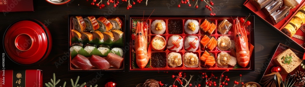 A festive display of Japanese New Year s food osechiryori, in a multitiered lacquered box, with intricate food arrangements symbolizing good fortune A festive display of Japanese New Year s food osechiryori, in a multitiered lacquered box, with intricate food arrangements symbolizing good fortune