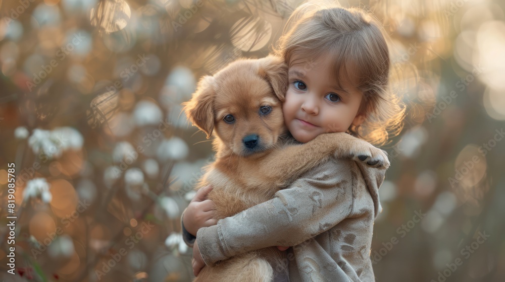 A heartwarming photo of a young child holding a puppy, conveying the innocence, joy, and companionship of pets, perfect for animal lovers and pet-related products. A heartwarming photo of a young child holding a puppy, conveying the innocence, joy, and companionship of pets, perfect for animal lovers and pet-related products.